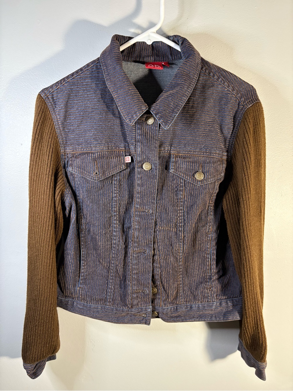 Anne Klein Denim Jacket with Brown Knit Sleeves